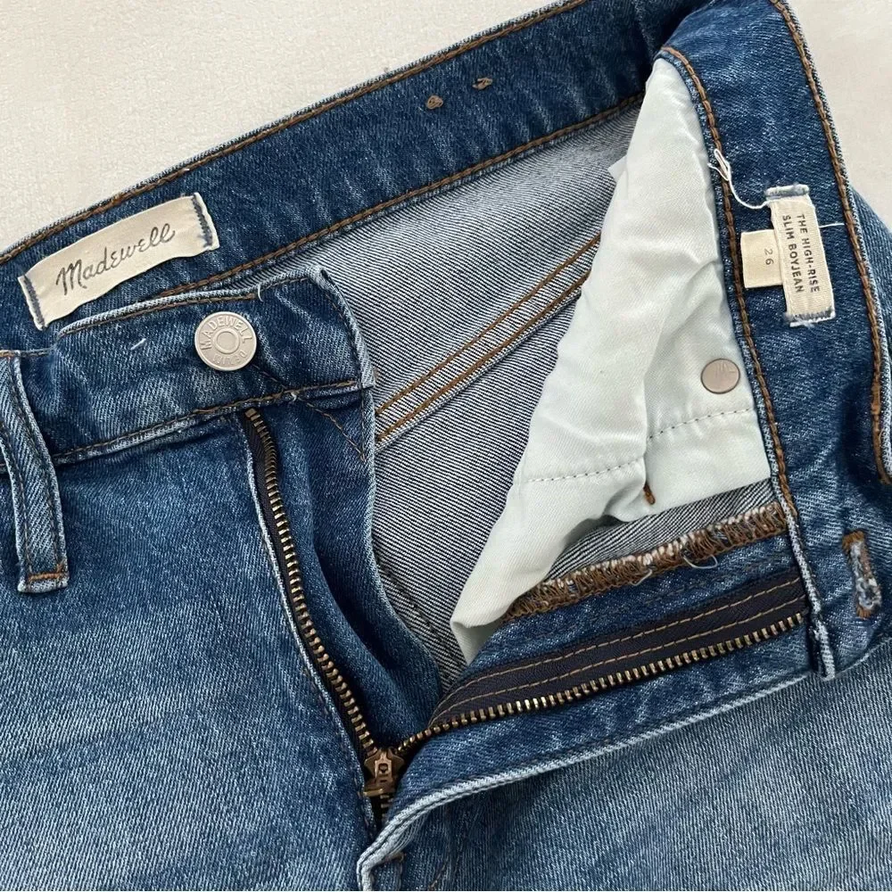 Madewell The High Rise Slim Boyjean Distressed Raw Hem, Size 26